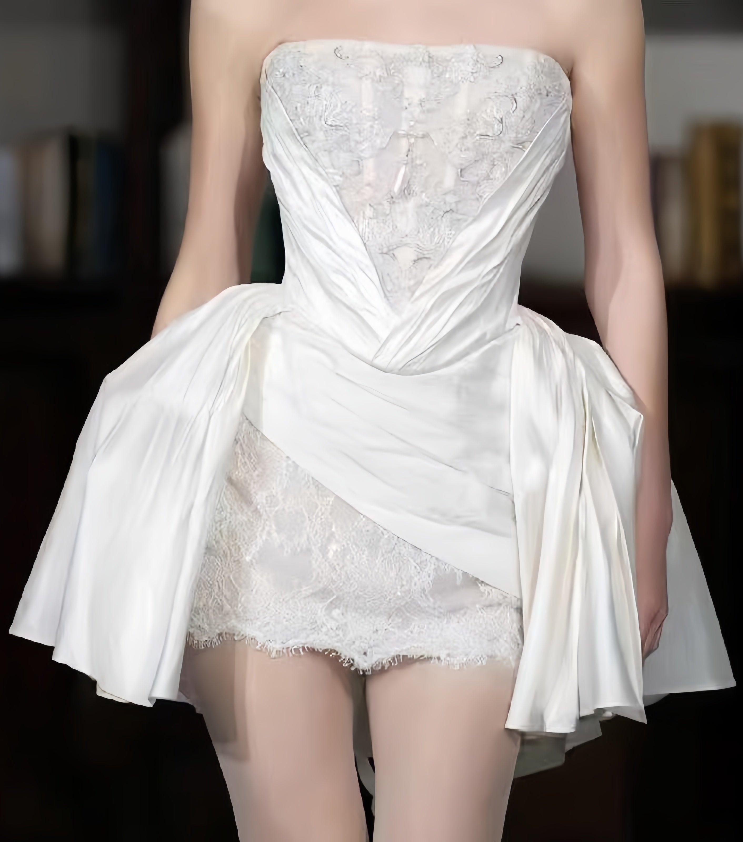 Strapless White Lace Wedding Dress Mini Bridal Gown,