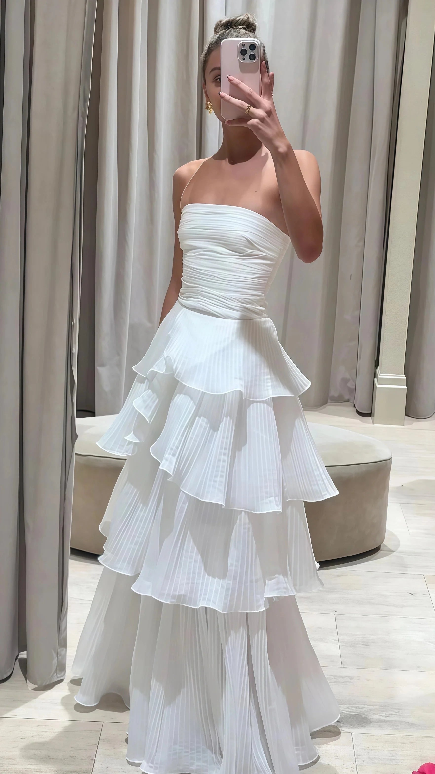 Strapless White Pleated Layers Long Classy Prom Dress Sleeveless Classy Evening Gown Secondary image