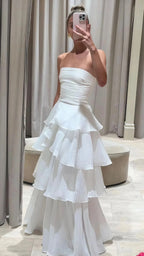 Strapless White Pleated Layers Long Classy Prom Dress Sleeveless Classy Evening Gown