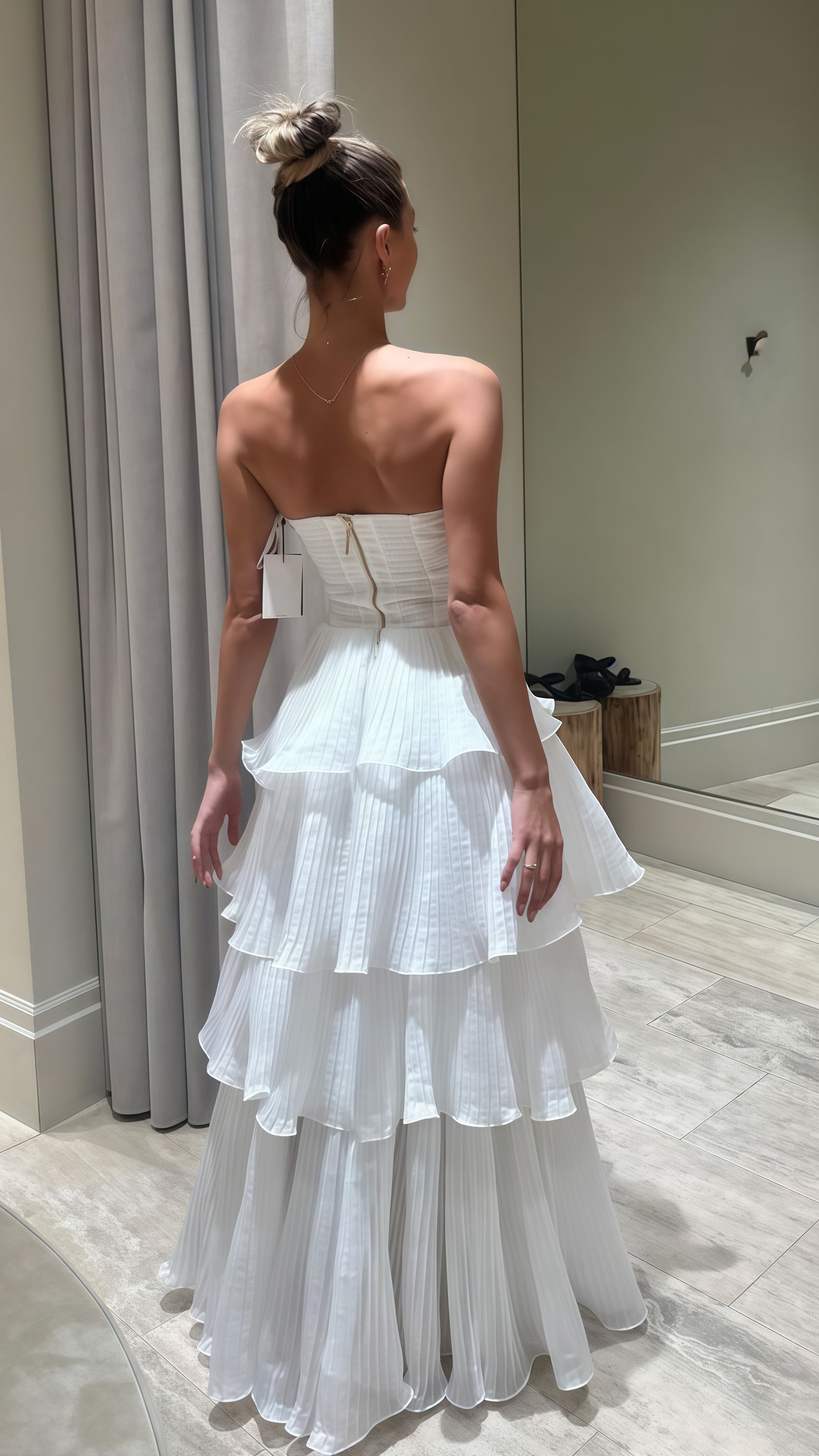 Strapless White Pleated Layers Long Classy Prom Dress Sleeveless Classy Evening Gown