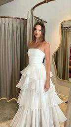 Strapless White Pleated Layers Long Classy Prom Dress Sleeveless Classy Evening Gown