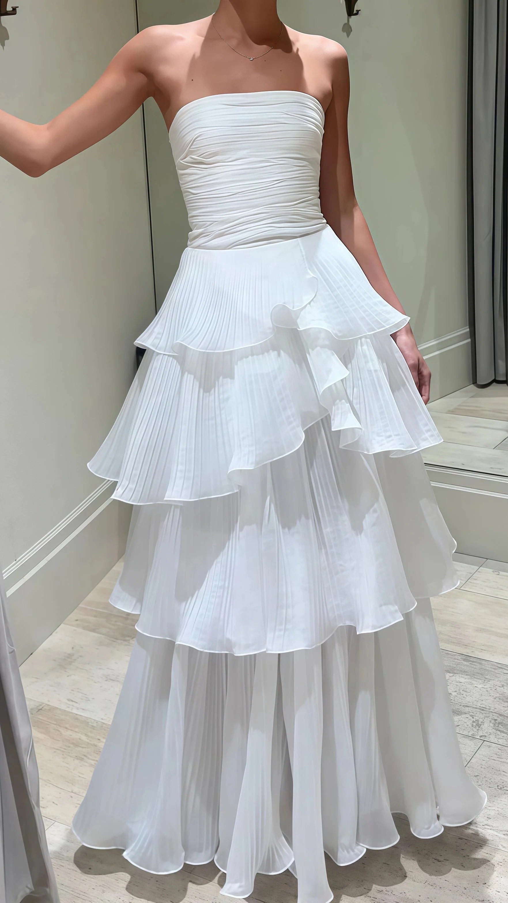 Strapless White Pleated Layers Long Classy Prom Dress Sleeveless Classy Evening Gown Main image