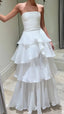 Strapless White Pleated Layers Long Classy Prom Dress Sleeveless Classy Evening Gown