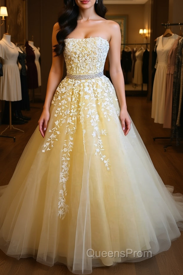 Strapless Yellow Lace Long Evening Prom Dress, Yellow Lace Formal Graduation Evening Dress, Yellow Ball Gown Main image