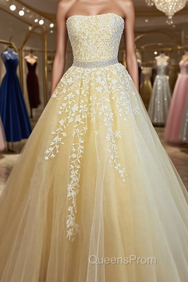 Strapless Yellow Lace Long Evening Prom Dress, Yellow Lace Formal Evening Dress Main image