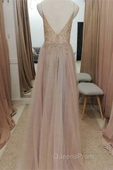 Straps A-Line Beading Rose Wood Evening Prom Dress with Crystal