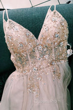 Straps A-Line Beading Rose Wood Evening Prom Dress with Crystal