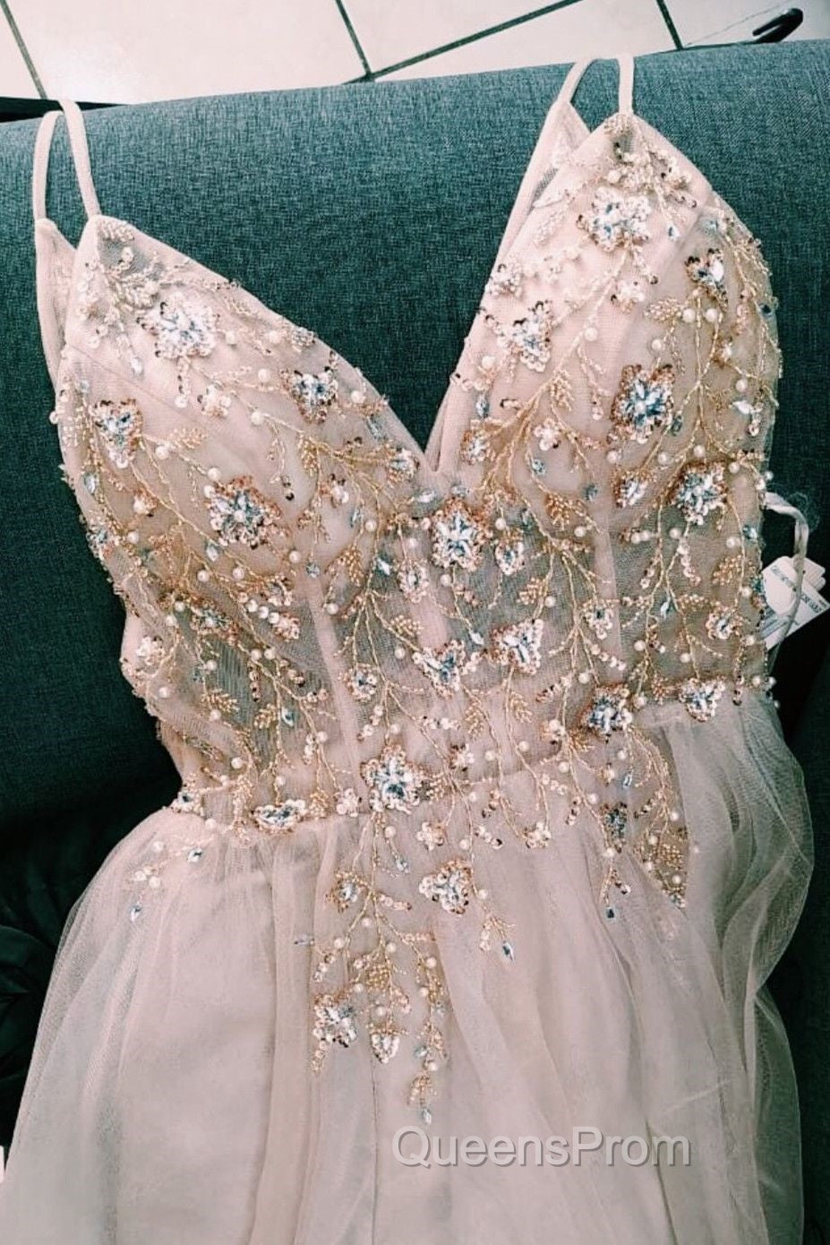 Straps A-Line Beading Rose Wood Evening Prom Dress with Crystal