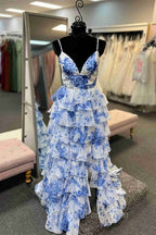 Straps Blue Floral Print High Slit Ruffled Evening Prom Dress