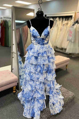Straps Blue Floral Print High Slit Ruffled Evening Prom Dress
