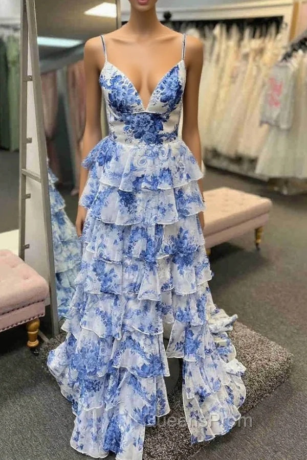 Straps Blue Floral Print High Slit Ruffled Evening Prom Dress Main image