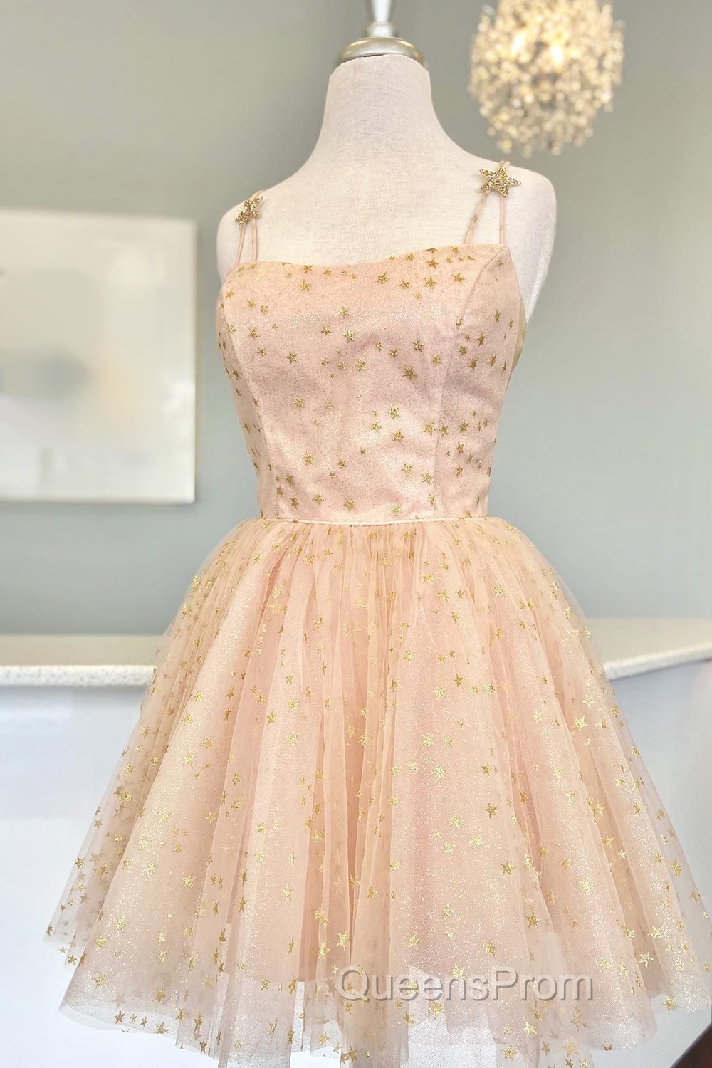 Straps Champagne A-Line Tulle Homecoming Dress with Gold Stars Secondary image
