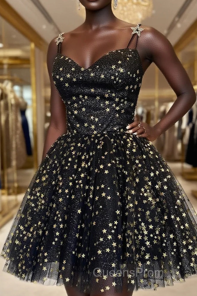 Straps Champagne A-Line Tulle Homecoming Dress with Gold Stars