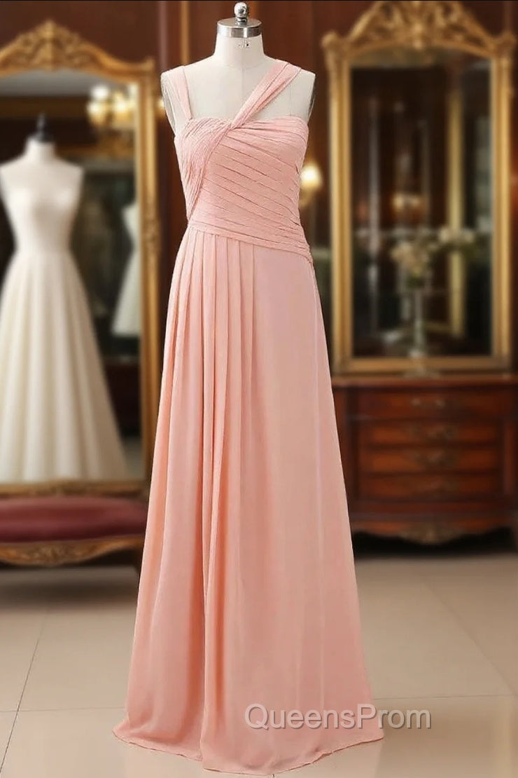 Straps Chiffon Long Bridesmaid Dress Coral Formal Wedding Party Dress Main image