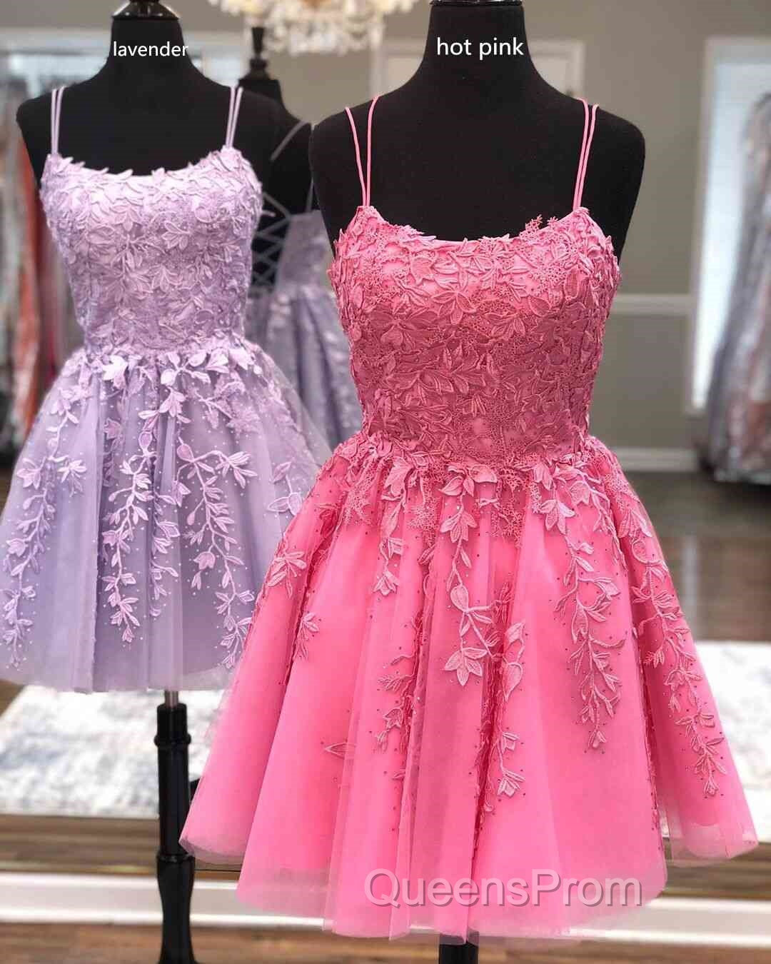 Straps Lace Applique Blue Homecoming Dress,Fuchsia Cocktail Dress