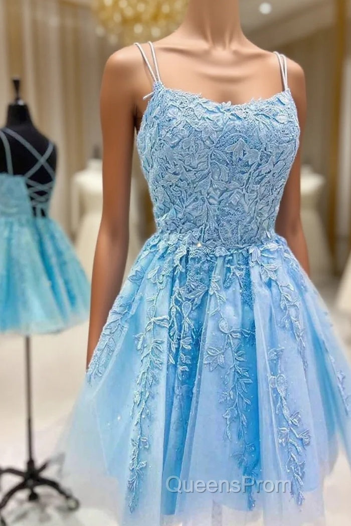 Straps Lace Applique Blue Homecoming Dress,Fuchsia Cocktail Dress