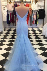 Straps Light Blue Mermaid Evening Prom Dress Beaded Backless Formal Dress
