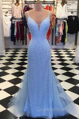 Straps Light Blue Mermaid Evening Prom Dress Beaded Backless Formal Dress