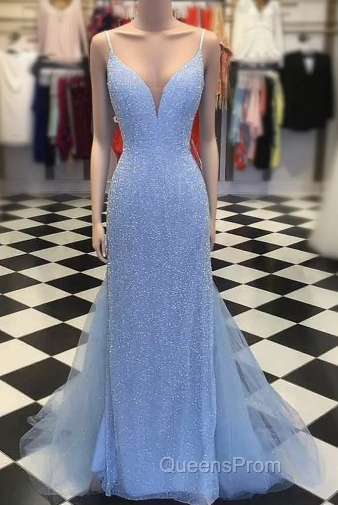 Straps Light Blue Mermaid Evening Prom Dress Beaded Backless Formal Dress Main image