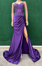 Straps Mermaid Long Evening Prom Dress With Lace Top And Skirt Slit