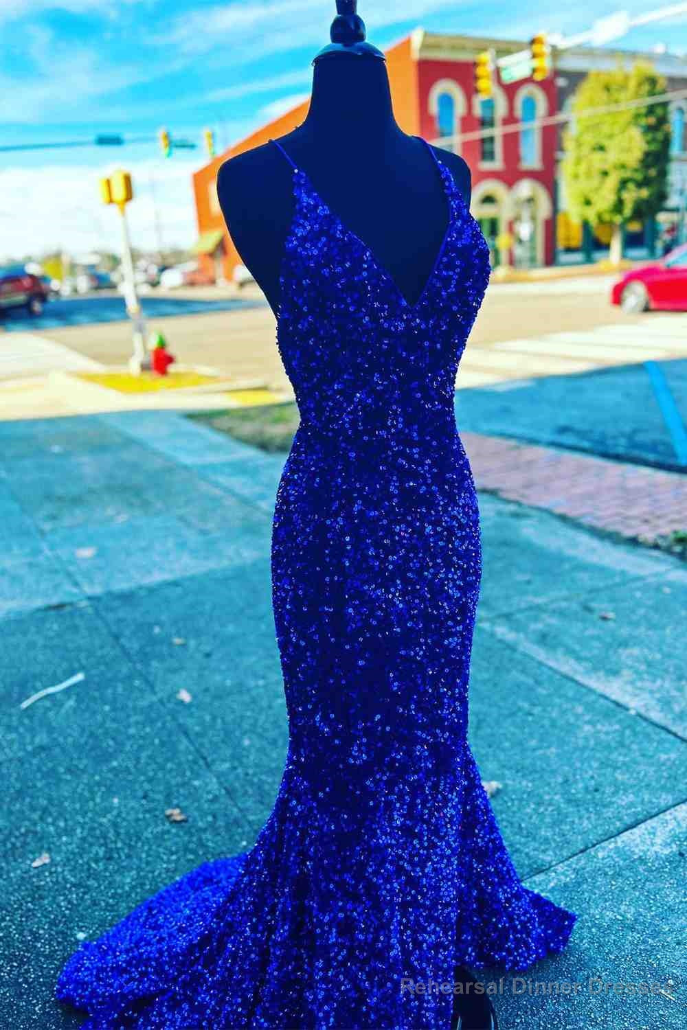 Straps Mermaid Royal Blue Sequins Long Prom Dress with Slit Secondary image