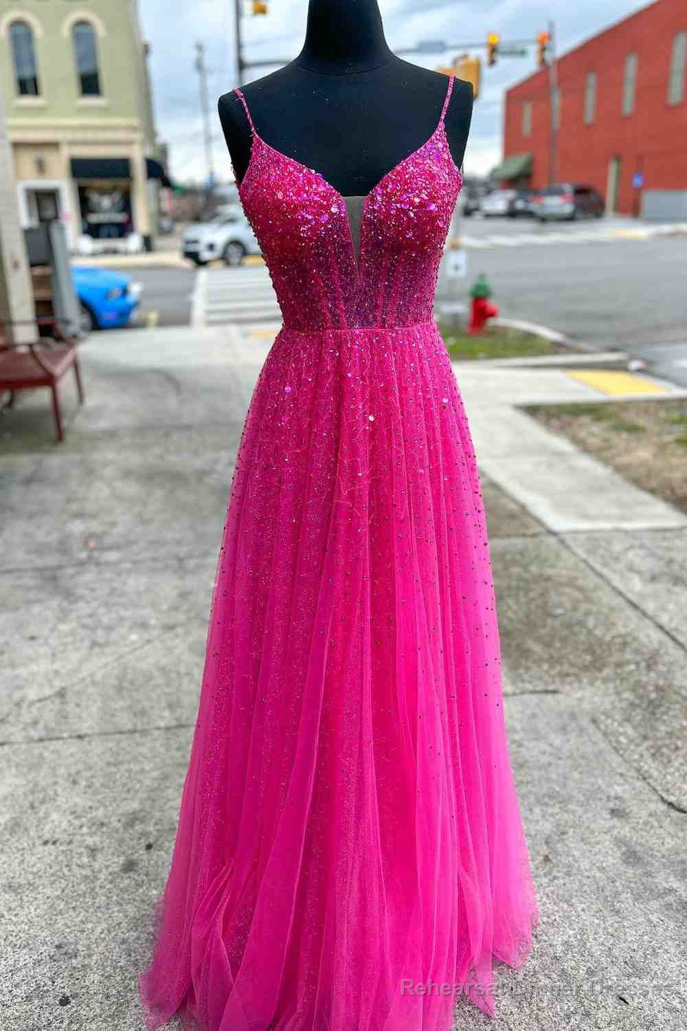Straps Neon Pink Beaded A-Line Long Formal Dress Main image