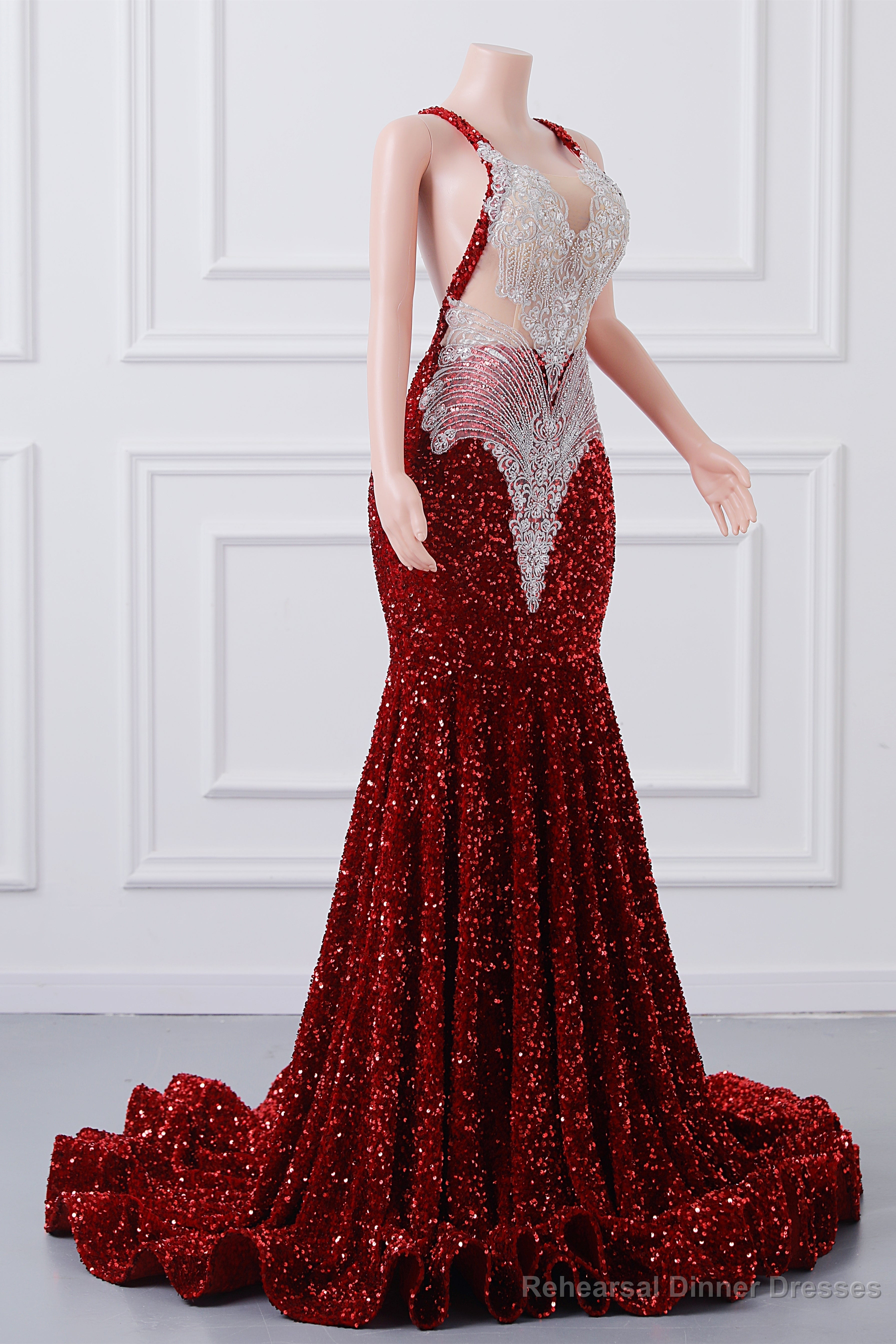Straps Red Beading Sequin Prom Dresses Mermaid Long Party Dresses Secondary image