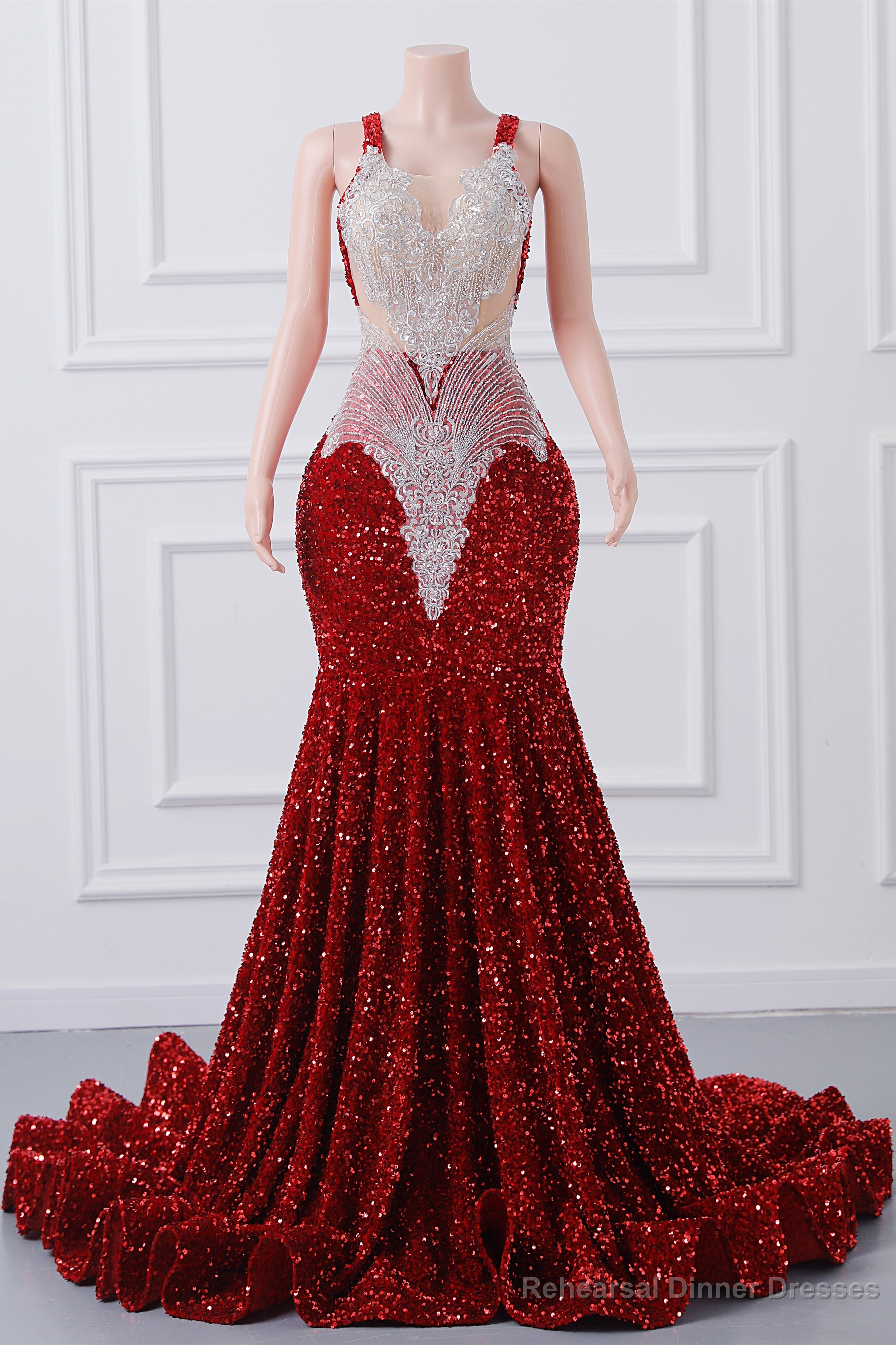 Straps Red Beading Sequin Prom Dresses Mermaid Long Party Dresses Main image