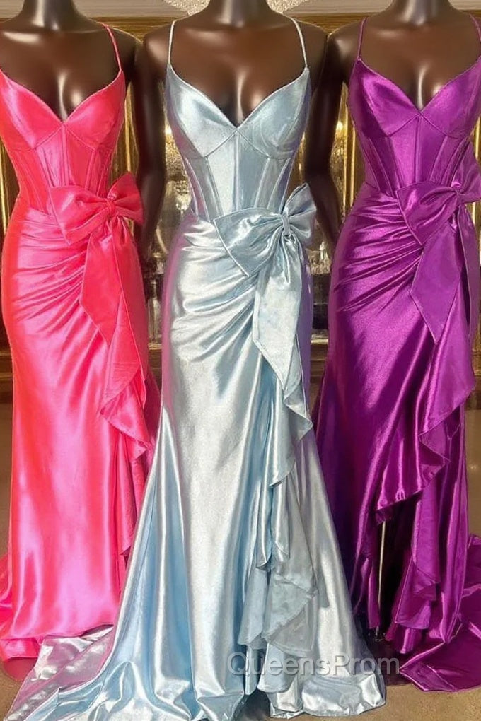 Straps V-Neck Satin Mermaid Evening Prom Dress with Bow Main image