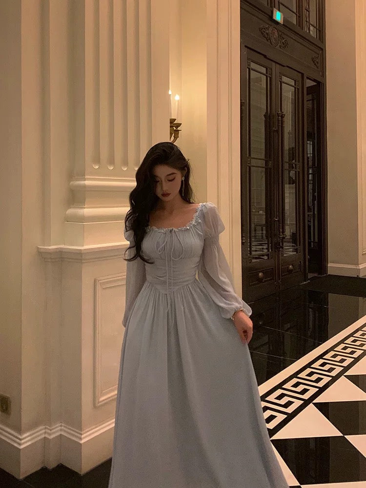 Stunning A Line Square Neckline Long Sleeves Chiffon Blue Date Night Dress Classy Prom Dress Birthday Party Outfit Secondary image