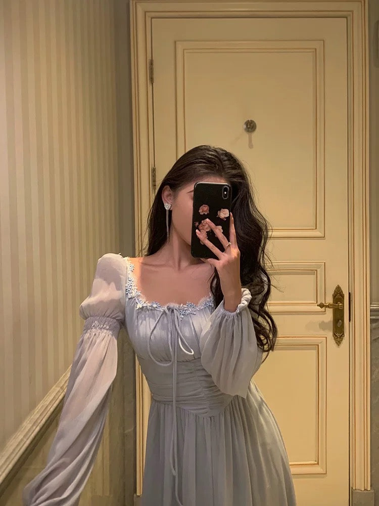 Stunning A Line Square Neckline Long Sleeves Chiffon Blue Date Night Dress Classy Prom Dress Birthday Party Outfit