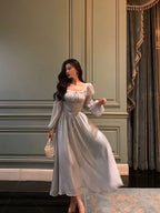 Stunning A Line Square Neckline Long Sleeves Chiffon Blue Date Night Dress Classy Prom Dress Birthday Party Outfit