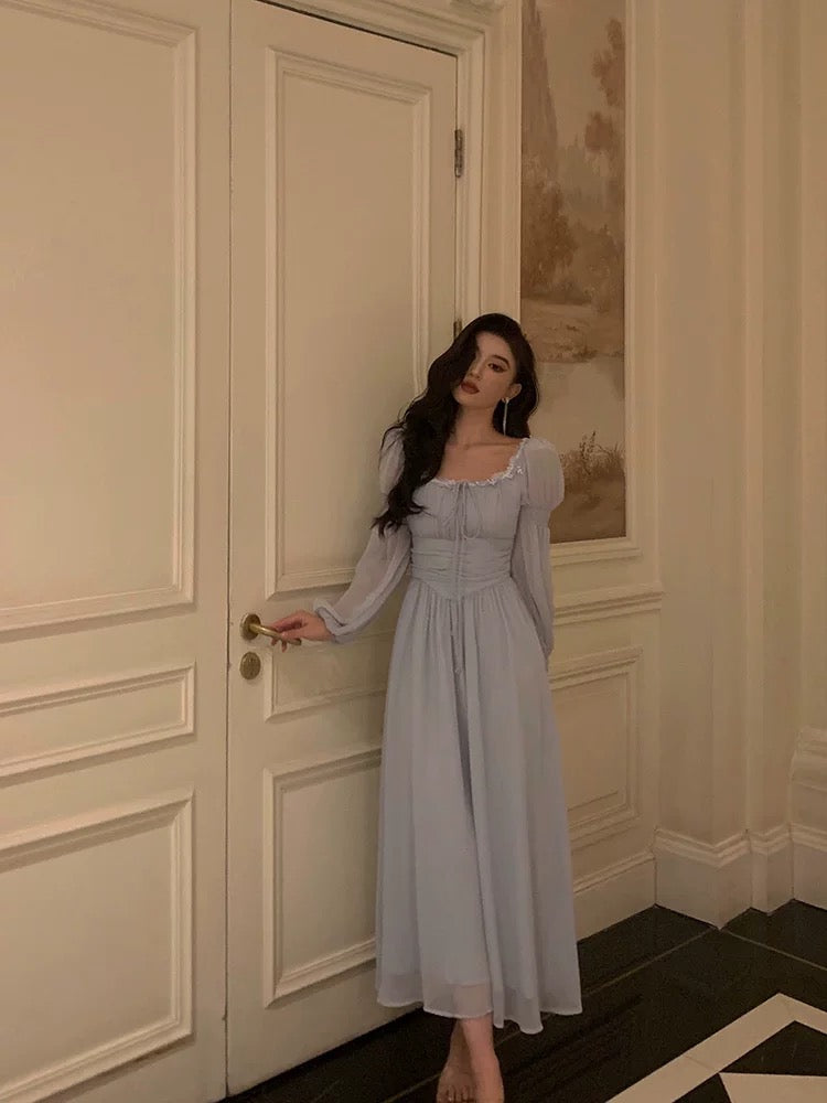 Stunning A Line Square Neckline Long Sleeves Chiffon Blue Date Night Dress Classy Prom Dress Birthday Party Outfit Main image