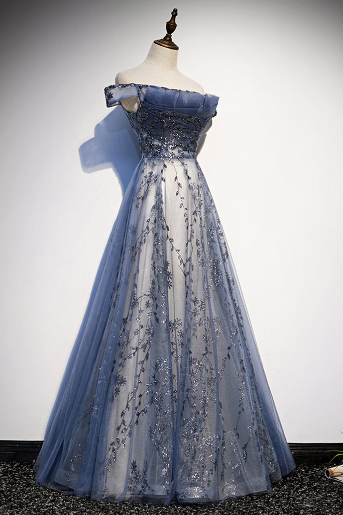 Stunning Blue Tulle Off Shoulder A Line Long Classy Prom Dress, Classy Evening Dress With Sleeve Secondary image