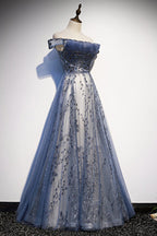 Stunning Blue Tulle Off Shoulder A Line Long Classy Prom Dress, Classy Evening Dress With Sleeve