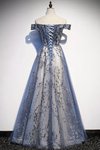 Stunning Blue Tulle Off Shoulder A Line Long Classy Prom Dress, Classy Evening Dress With Sleeve