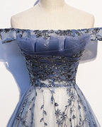 Stunning Blue Tulle Off Shoulder A Line Long Classy Prom Dress, Classy Evening Dress With Sleeve
