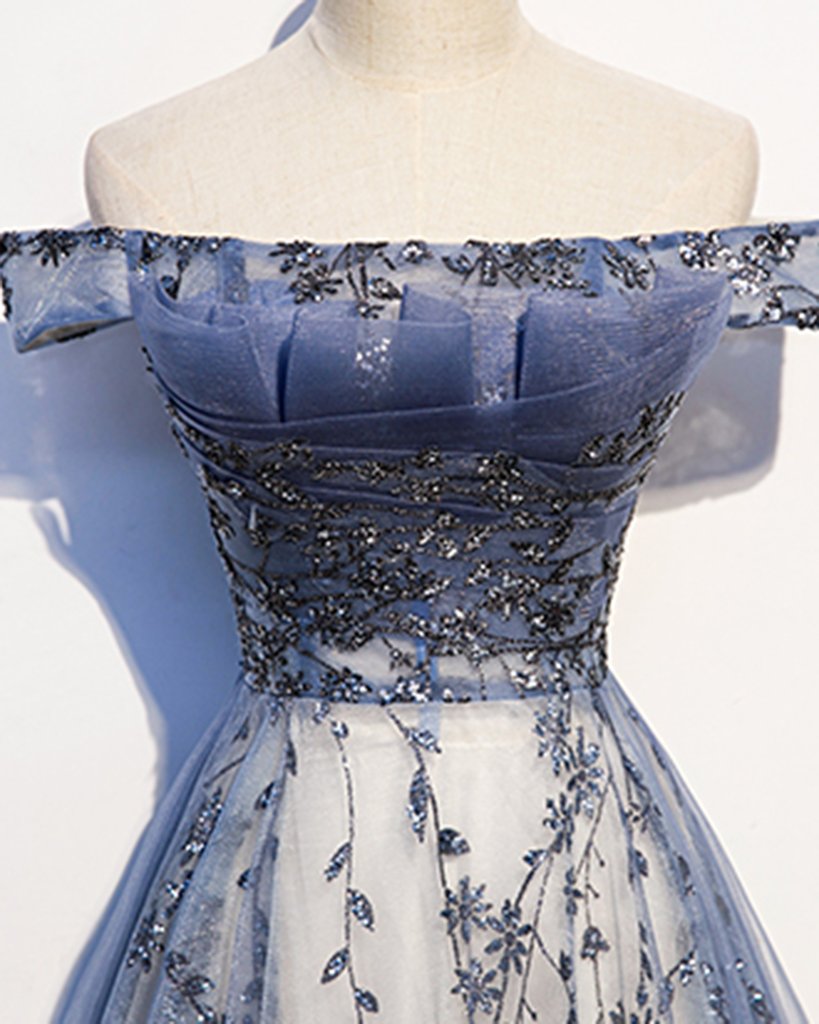 Stunning Blue Tulle Off Shoulder A Line Long Classy Prom Dress, Classy Evening Dress With Sleeve