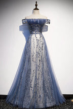 Stunning Blue Tulle Off Shoulder A Line Long Classy Prom Dress, Classy Evening Dress With Sleeve