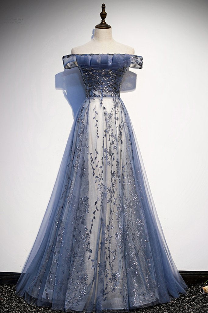 Stunning Blue Tulle Off Shoulder A Line Long Classy Prom Dress, Classy Evening Dress With Sleeve