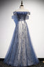 Stunning Blue Tulle Off Shoulder A Line Long Classy Prom Dress, Classy Evening Dress With Sleeve