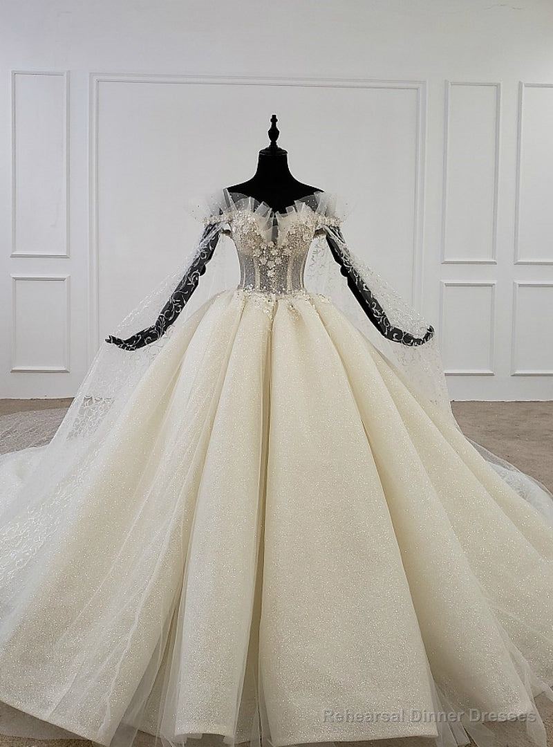 Stunning Champagne Ball Gown Tulle Sequins Off the Shoulder Appliques Wedding Dress Main image