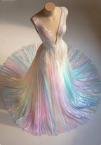 Stunning Colorful V-Neck A-Line Sequined Tulle Long Classy Prom Dress