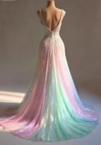 Stunning Colorful V-Neck A-Line Sequined Tulle Long Classy Prom Dress