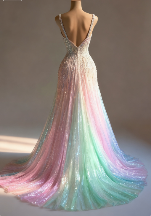 Stunning Colorful V-Neck A-Line Sequined Tulle Long Classy Prom Dress