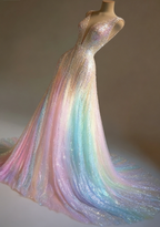 Stunning Colorful V-Neck A-Line Sequined Tulle Long Classy Prom Dress