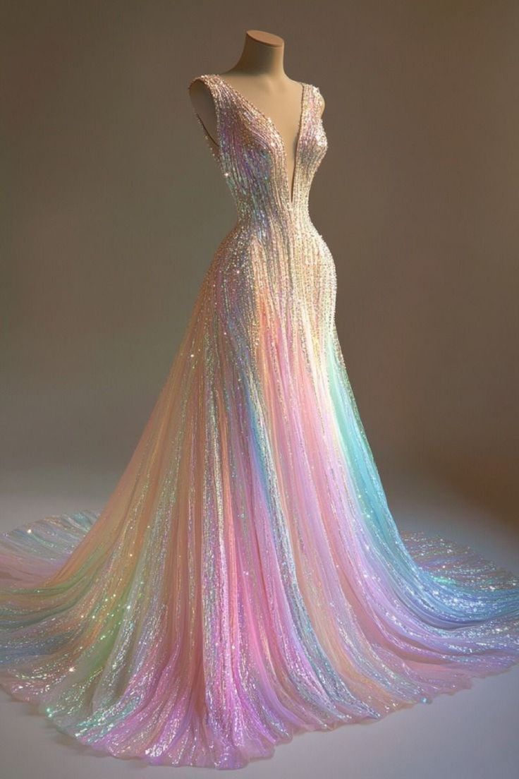 Stunning Colorful V-Neck A-Line Sequined Tulle Long Classy Prom Dress Main image