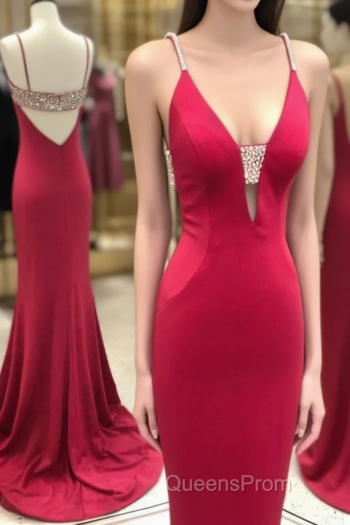 Stunning Elegant Mermaid Sexy Spaghetti Straps Beaded Red Evening Prom Dress,Charming Backless Evening Dress,Dance Dress