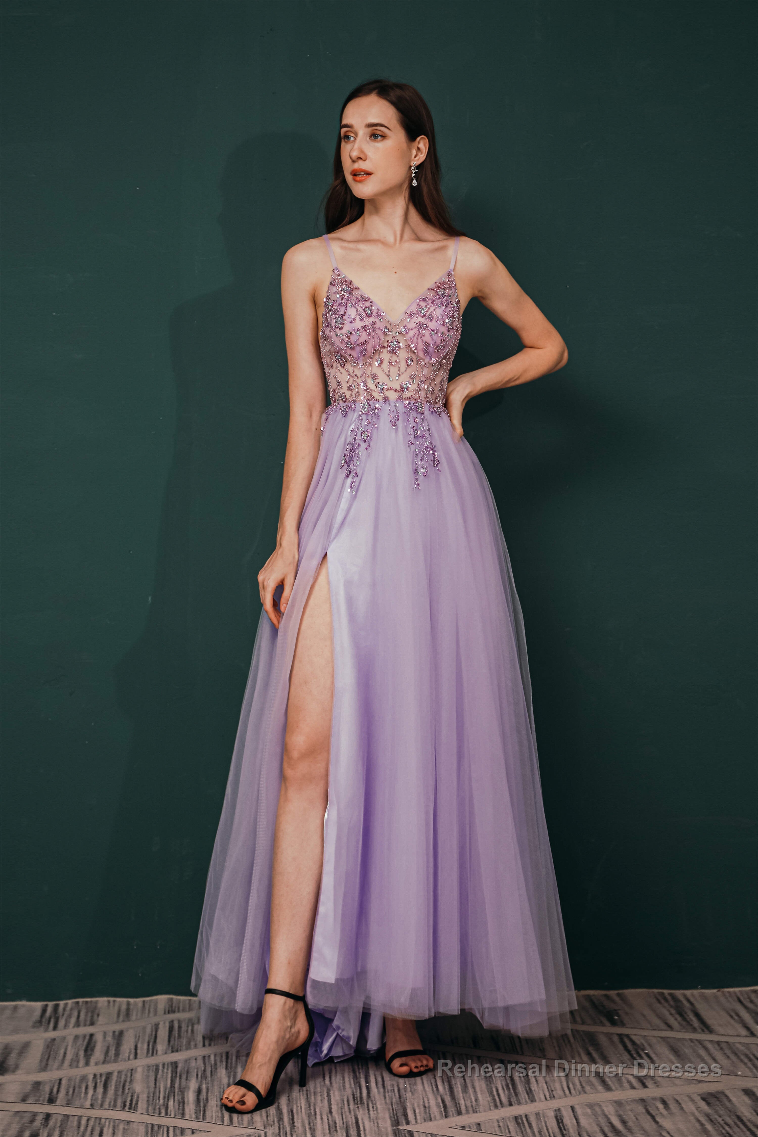 Stunning Front Split Spaghetti Straps Long A Line Beaded Prom Dresses Secondary image