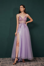 Stunning Front Split Spaghetti Straps Long A Line Beaded Prom Dresses